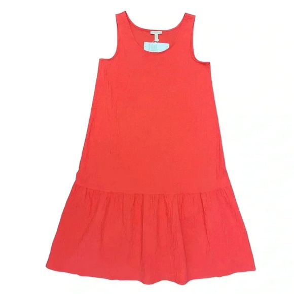 Eileen Fisher Organic Cotton Pucker Tiered Dress Midi Watermelon Sz XS Flowy - Picture 1 of 12